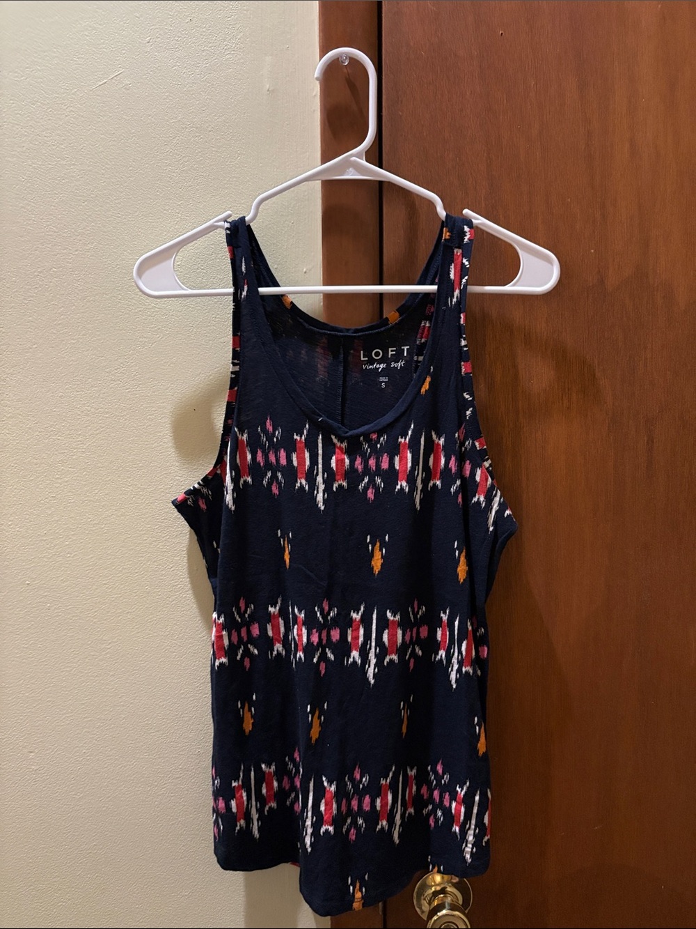 LOFT Navy Ikat-Pattern Scoop Tank with Pink & Orange Accents